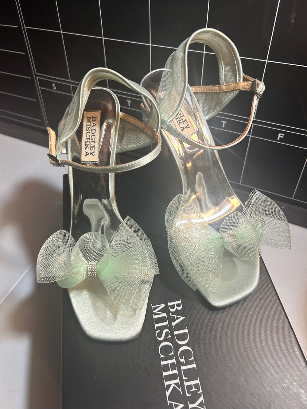 Badgley Mischka Mint Satin Bow Ankle-Strap Heels